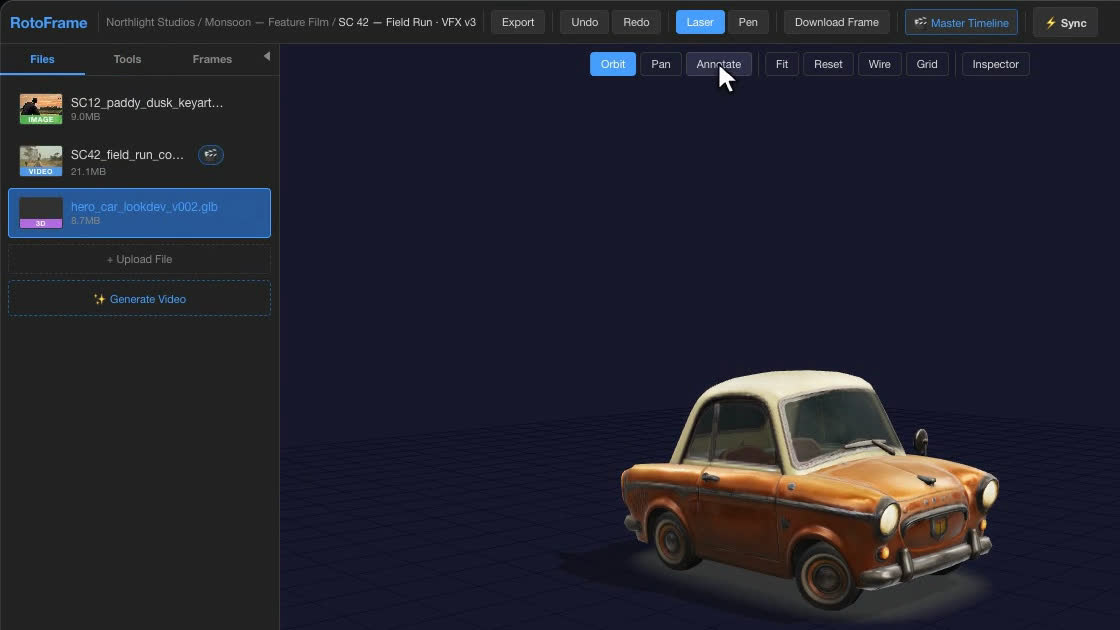 One review holding an image, a video and a GLB file, with the 3D car model open in the viewer.