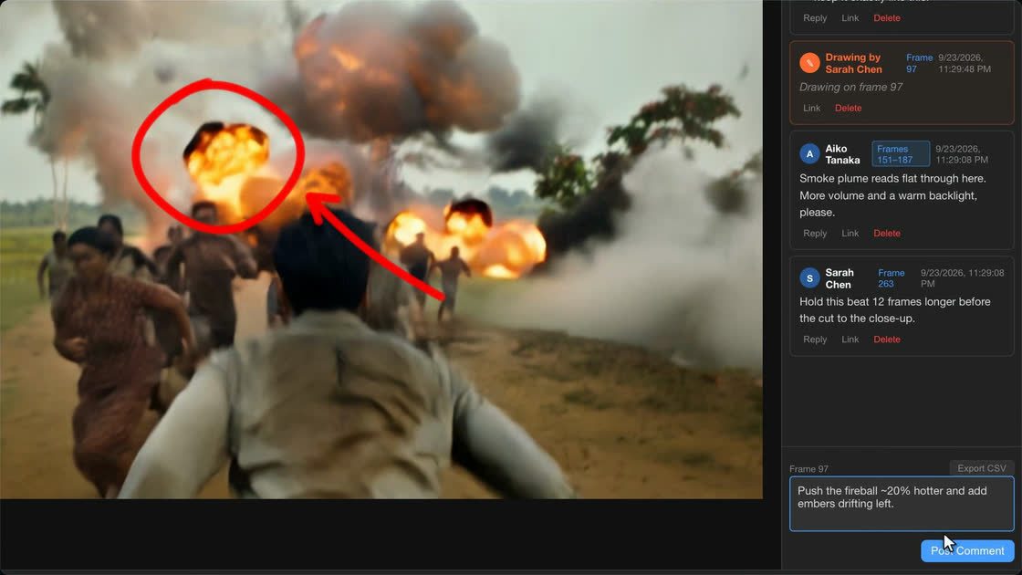 A fireball circled in red on frame 97, next to notes pinned to single frames and to a frame range.