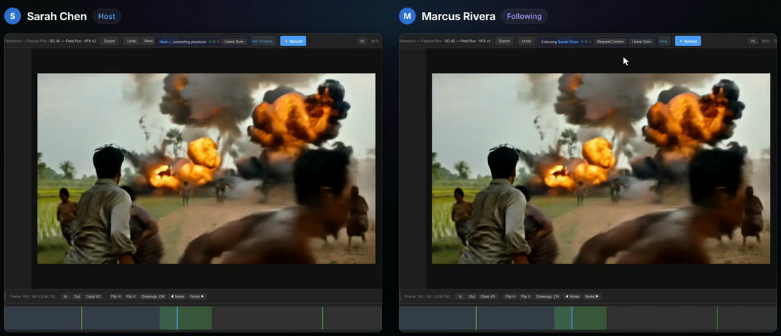 A sync session: Sarah Chen hosts and Marcus Rivera follows, both on the same frame of the same shot.