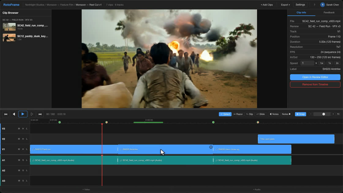 The master timeline with video and audio tracks, and the selected clip's source review in the side panel.